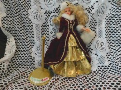 1996 BLONDE BARBIE DOLL HAPPY HOLIDAYS WINTER GOWN, HAT, MUFF, SHOES, STAND NO BOX